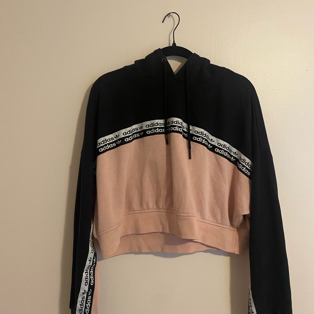 Adidas Women's Black and Pink Cropped Hoodie